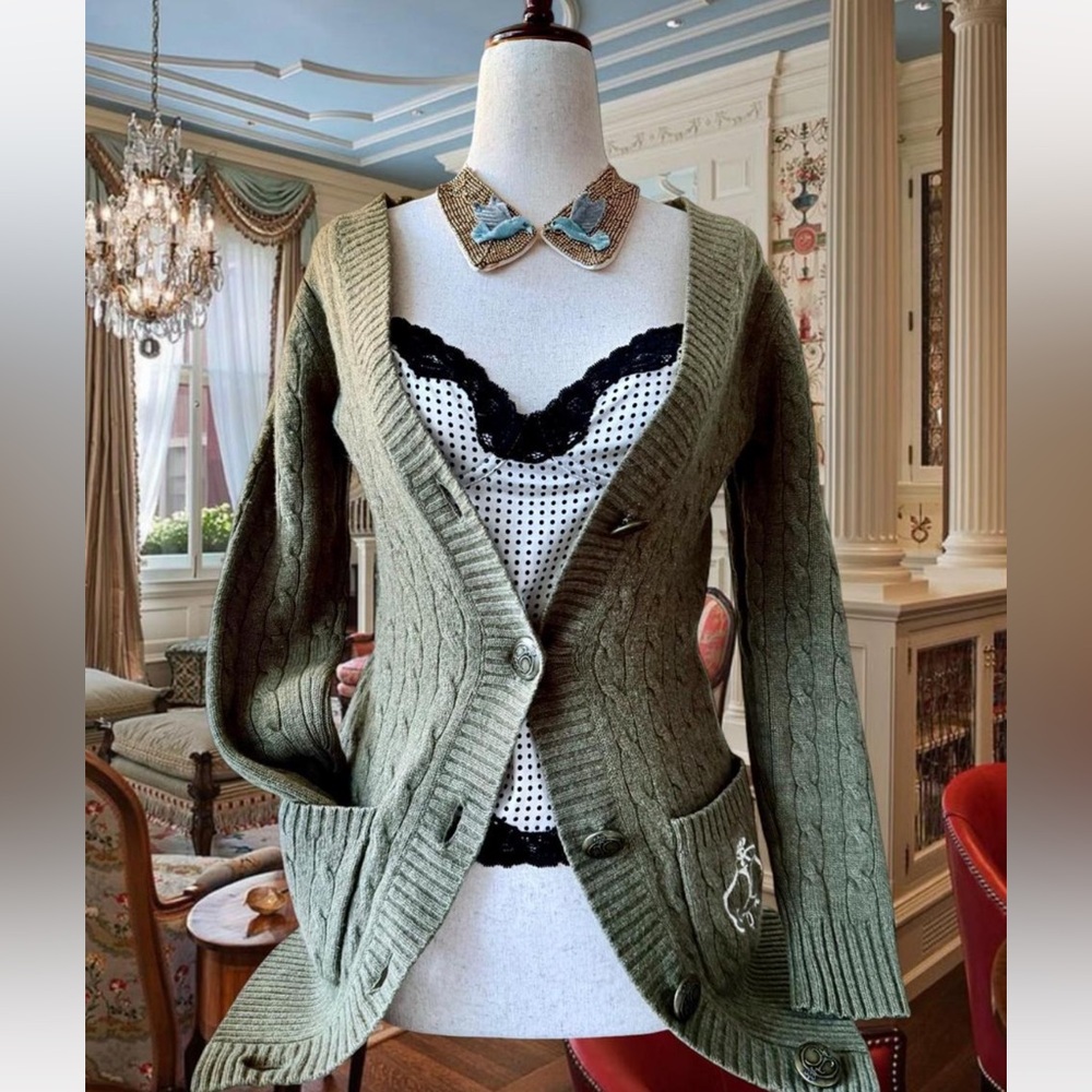 💕Juicy Couture Olive Green Cashmere Cable Knit Cardigan Size Small💕
